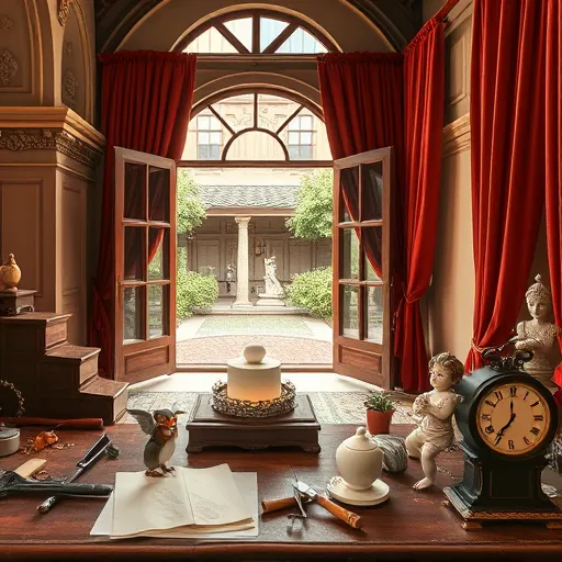 A Renaissance-style interior scene celebrating home remodeling craftsmanship, featuring ornate architectural details such as carved stone arches, intricate wooden beams, and elegant columns. In the foreground, a large wooden workbench holds vintage tools like chisels, hammers, and parchment sketches, with a subtle artist’s palette symbolizing creativity. Nearby, a cherub holds a miniature plaster mold, symbolizing divine inspiration, while a tiny clock with exaggerated gears represents the passage of time in renovation. Warm earthy tones—ochre, crimson, and gold—enhance the regal atmosphere, complemented by cascading draperies and an open window revealing a tranquil courtyard with greenery and classical statues. Quirky details include a squirrel clutching a paintbrush peeking through the window and a cherub sculpting an invisible statue, adding playful charm. The scene is illuminated by soft warm light that emphasizes rich textures and colors, blending timeless elegance with the lively spirit of home transformation in a sophisticated Renaissance-inspired setting with modern touches.