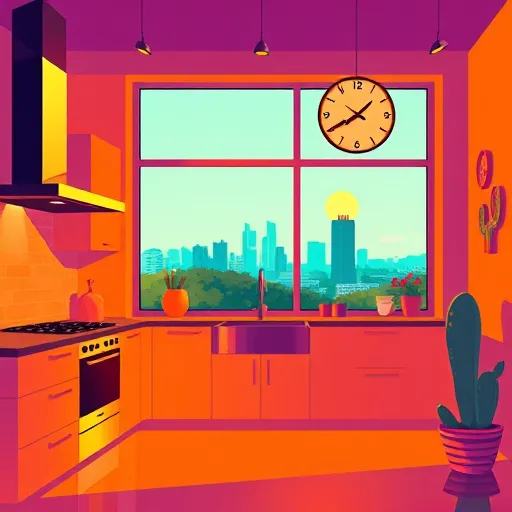 A vibrant, modern blog cover image illustrating top-rated kitchen remodeling companies in Austin, Texas. The scene features a partially renovated kitchen illuminated by warm lighting, showcasing sleek, stylized outlines of contemporary appliances such as an elegant stove, minimalist sink, and abstract cabinetry with exaggerated curves. Playful details include a floating, oversized spatula swirling around and a whimsical sun-shaped clock on the wall, symbolizing Austin's sunny climate and lively culture. Behind, large windows reveal a bold, stylized Austin city skyline with deep teal, burnt orange, and soft lavender color blocks, inspired by ColorFieldPainting style. The composition uses large, flat areas of vivid colors—rich oranges, calming blues, and lively greens—creating energetic harmony. Subtle patterns like stylized Texas stars and abstract cacti add quirky personality. The overall mood combines professionalism with playfulness, conveying trustworthiness, creativity, and expertise in kitchen remodeling services through a modern, artistic aesthetic.