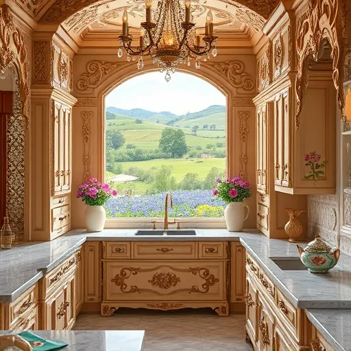 A luxurious Rococo-inspired kitchen scene in Austin, Texas, featuring ornate, custom carved wooden cabinetry adorned with flowing scroll motifs, floral embellishments, and latticework. The cabinets are gilded with soft gold finishes and accented with pastel pinks and subtle turquoise highlights, creating an opulent yet warm atmosphere. Elegant antique-style fixtures and crystal chandeliers hanging above cast a gentle, romantic glow over polished marble countertops. In the background, a panoramic window offers a view of Texas Hill Country, showcasing rolling green hills, wildflowers, and bluebonnets, adding a vibrant natural contrast. Playful decorative details include vintage teapots and Cupid carvings integrated into the woodwork, with whimsical flourishes conveying a sense of movement. The scene is illuminated with warm lighting that enhances the intricate craftsmanship and delicate Rococo motifs framing the space, blending refined elegance with cheerful, playful elements—a stunning portrayal of bespoke kitchen design in Austin.