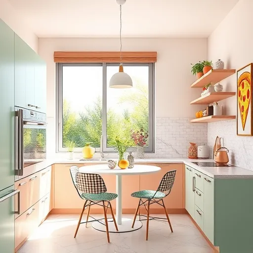 A modern, 4x3-meter kitchen depicted in vibrant digital art featuring a sleek, minimalist design with clean lines and a cheerful atmosphere. The space includes matte pastel cabinetry in mint green and soft blush pink, paired with luxurious marble-effect countertops. A cozy rounded breakfast nook with mismatched, playful-patterned chairs sits beneath a large window that fills the room with natural light, casting warm shadows. Open floating shelves display colorful ceramic jars, quirky plant pots with sprouting herbs, and vintage kitchenware, adding personality. The backsplash features whimsical doodles of utensils and smiling fruits, enhancing the playful theme. Decorative details include a retro kettle with a goofy face and a mural of a smiling pizza slice, adding humor. Outside the window, glimpses of a lush garden with flowers emphasize freshness. The pastel color palette accented with bright yellows and turquoise creates a lively, inviting vibe. The digital art style emphasizes sharp lines, subtle gradients, and playful textures, making the kitchen appealing for home design and cozy living blogs.
