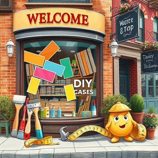 A colorful storefront of a home remodeling store featuring large vintage-inspired windows showcasing paint swatches, tools, and DIY signage. Oversized paintbrushes and hammers lean against the building, with quirky details like an animated measuring tape wrapped around the corner and a cheerful mascot, such as a smiling hammer or chatter screwdriver. The lively street background includes brick buildings, potted plants, hanging flower baskets, awnings, hanging signs, and chalkboards with renovation sketches. The scene, in a SocialRealism style, uses bold lines and textured shading with warm earthy tones balanced by bright reds, blues, and greens, conveying an energetic, welcoming atmosphere of creative home improvement and community craftsmanship.