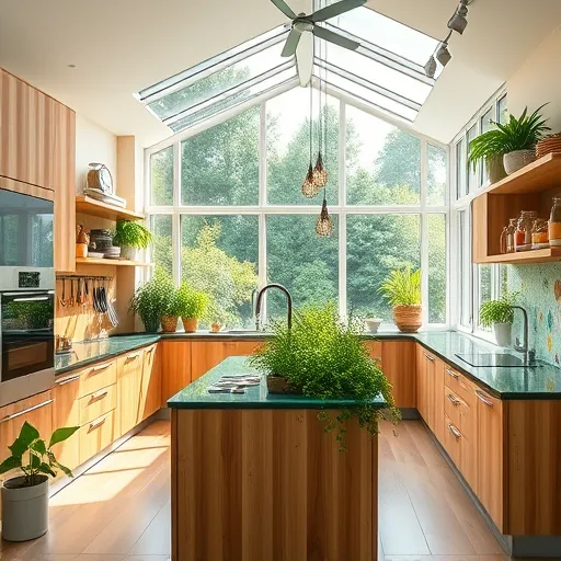 A realistic, vibrant depiction of an eco-friendly kitchen renovation showcasing a modern, sustainable space filled with natural light from large panoramic windows overlooking a lush garden. The kitchen features bamboo cabinets with a honey-toned finish, recycled glass countertops in ocean blue and emerald green hues, and open shelves displaying potted herbs, reclaimed wood utensils, and biodegradable cookware. A central island contains a lush green wall with thriving herbs and trailing vines. Solar panels are subtly integrated into the roofline, indicating renewable energy sources. The kitchen includes sleek, energy-efficient appliances with eco-labels, a vintage-style reclaimed metal clock, reusable jars with handwritten labels, and a colorful backsplash with playful motifs of bees, butterflies, and flowers. The background reveals an organized pantry with glass jars and bulk bins, emphasizing sustainability. The scene emphasizes textures like reclaimed wood grain, glossy surfaces, and lush greenery, with a harmonious palette of earthy browns, vibrant greens, soft whites, and warm sunlight, creating an inviting atmosphere that celebrates eco-conscious living and sustainable kitchen design.