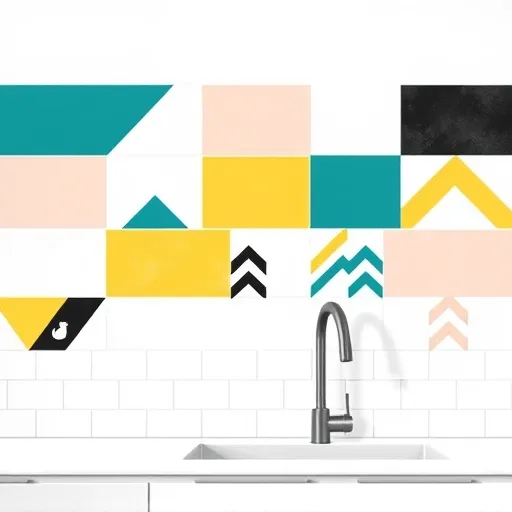 A minimalist, contemporary kitchen wall featuring an eclectic mosaic of bold backsplash tiles with geometric patterns. The white background showcases tiles in vibrant colors such as teal, yellow, blush, and black, arranged in shapes like triangles, chevrons, and zigzags. Subtle shadows add depth while maintaining a clean look. Playful details include tiny whimsical accents—like a hidden cat silhouette or a small plant—adding personality to the design. The background transitions from crisp white at the top to a soft pastel gradient toward the bottom, creating a calm, inviting atmosphere. Soft natural light enhances the textured tile surfaces, highlighting their vibrant colors. The overall composition emphasizes minimalism with clean lines, negative space, and simple shapes, conveying a modern, professional vibe ideal for a blog about bold backsplash designs.