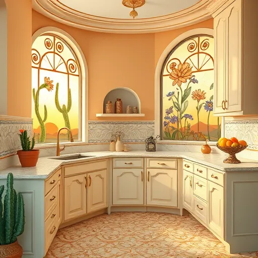 A detailed ArtNouveau-inspired modern kitchen scene set in Tarrytown, Texas, featuring elegantly curved lines and organic motifs integrated into cabinetry, countertops, and fixtures. The warm color palette includes ochre, muted teal, and sunset orange, creating a tranquil, welcoming atmosphere. The backsplash showcases swirling regional flora patterns, such as yucca and bluebonnets, with stylized, intricate details. Vintage brass hardware and decorative moldings enhance the timeless artistic style, complemented by playful elements like a blooming cactus-shaped spice rack and Aztec-inspired tile patterns on the floor. In the background, large arched windows with stained glass designs depict Texas cacti and wildflowers, allowing sunlight to illuminate the space and highlight the elaborate linework. A corner shelf displays vintage canisters with flowing shapes, while a small ornate fruit bowl filled with stylized, exaggerated fruits adds vibrant color. The scene emphasizes harmonious design and regional charm, evoking creativity, elegance, and practicality without human presence.