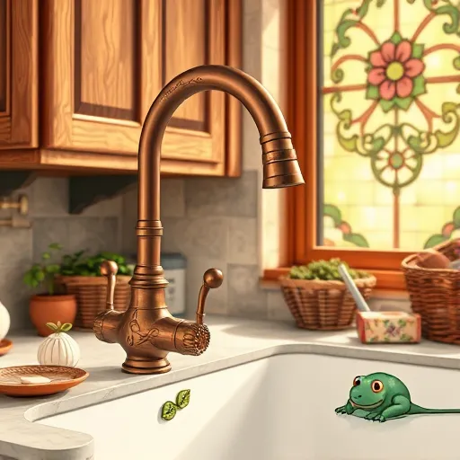 A detailed illustration of a vintage-inspired kitchen highlighting one-handed faucet operation solutions. The scene features a rustic, charming kitchen with finely detailed steam-burl oak cabinetry, ornate brass fixtures, and textured ceramic tiles in muted earth tones. The focal point is an elegant copper faucet embellished with engraved leaves and vines, gracefully arching over a glazed porcelain sink. A stylized ergonomic handle with a leaf-shaped badge suggests effortless one-handed use. Decorative elements include potted herbs, a basket of fresh vegetables, vintage floral-patterned soap dishes, and tactile handcrafted textures. In the softly blurred background, a stained-glass window with geometric floral motifs allows warm, dappled sunlight to fill the space. Quirky details such as a smiling ceramic frog on the sink edge and a marble mouse beneath the soap dish add playful charm. The art style emphasizes bold outlines, richly textured surfaces, and a harmonious palette of browns, greens, creams, and metallics, capturing the artisanal craftsmanship and nostalgic elegance characteristic of the Arts and Crafts Movement.