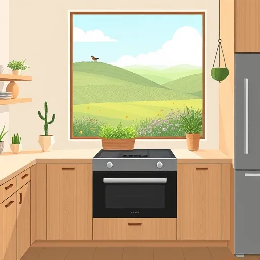 Minimalist illustration of an eco-friendly kitchen remodel in Clarksville, Texas, featuring sleek modern cabinetry with natural wood finishes and clean lines. The scene includes sustainable elements such as a small indoor plant garden on the countertop, a solar-powered smart stove with subtle geometric shapes, and a large window revealing a lush Texas landscape of rolling green hills, native wildflowers, and a clear blue sky bathed in warm light. Eco-conscious details are present, including reclaimed wood shelving, a discreet compost bin, and energy-efficient appliances integrated into the minimalist layout. The calm, inviting kitchen blends seamlessly with nature, emphasizing sustainability and tranquility. Earth-toned color palette of beiges, greens, browns, and whites, with simple, clean shapes and minimal textures characteristic of minimalist style. Quirky decorative touches include a geometric cactus pot, hanging herb garden, and a small bird on the windowsill, adding charm to the scene. Overall, the image conveys a calm, optimistic, and inspiring atmosphere, ideal for promoting eco-friendly kitchen renovations with Texas-inspired elements.
