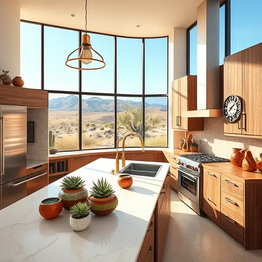 Photorealistic image of a luxury kitchen in Northwest Hills, Texas, showcasing modern elegance with southwestern charm. The spacious open-concept design features large windows allowing warm natural light to illuminate the kitchen, revealing a desert-inspired landscape with rolling hills, sparse cacti, and distant mountains under a clear blue sky. The kitchen includes sleek stainless steel appliances, a large marble island with creamy beige veining, and custom distressed wood cabinetry reflecting southwestern hacienda style. Decorative elements such as colorful ceramic planters with vibrant succulents, vintage brass pendant lighting, a rustic wooden ladder, and eclectic pottery and bronze cookware enhance the regional character. Background details reveal earthy azulejo tiles behind the stove and a cozy banquette with vibrant patterned cushions. Playful accents include an oversized cactus flower clock and a tin of spicy Texas barbecue rub. The warm earthy palette features sandy beiges, deep browns, muted greens, and bright southwestern hues, creating an inviting, lively, and sophisticated atmosphere that blends upscale design with regional Texas inspired details.