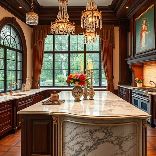 Luxurious contemporary kitchen in Highland Park, Texas, designed in the High Renaissance style featuring an ornate marble island with intricate gold filigree accents, dark oak cabinetry with classical motifs and decorative moldings, and elegant chandeliers with cascading crystal prisms providing warm lighting. The countertops display veined marble surfaces, complemented by porcelain vases filled with fresh herbs and colorful flowers, adding vibrant life. Whimsical details include a vintage clock with a humorous face and an ornate tea kettle with tiny legs, enhancing personality. The background showcases large windows draped with lush velvet curtains in jewel tones, framing views of lush green gardens and trees. Walls are decorated with mythological frescoes blending tradition with modern stainless steel appliances featuring Renaissance-inspired motifs. The scene exudes elegant calm with warm lighting, emphasizing intricate textures, naturalistic light, and harmonious composition in a rich color palette of golds, creams, emerald greens, and blushes, capturing the grandeur of the High Renaissance with contemporary sophistication.