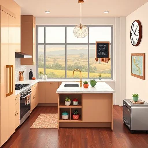 A vibrant digital illustration of a modern, recently renovated kitchen in North University, Texas, featuring sleek taupe and white minimalist cabinetry accented with shiny brass fixtures. The kitchen includes a central island with a marble countertop, decorated with colorful ceramic jars and supported by open floating shelves holding eclectic dishware and small green succulents. Hanging above are energy-efficient pendant lights casting a warm glow. A smart touchscreen appliance is integrated into the counter, emphasizing technological innovation. Large window in the background shows a panoramic view of Texas rolling hills, wildflowers, and distant oak trees, adding natural charm. Quirky details include a vintage-inspired oversized clock with exaggerated numbers, a chalkboard menu with handwritten notes, a small built-in herb garden in mismatched pots, and a retro toaster with vintage decals. The dark hardwood flooring contrasts with bright accents, complemented by a whimsical patterned rug beneath the kitchen peninsula. The scene exudes a fresh, modern, and inviting atmosphere with playful touches, perfect for a blog cover image celebrating vibrant kitchen remodels. Rendered in a warm, harmonious color palette of soft beiges, terracotta, greens, and metallic gold accents.