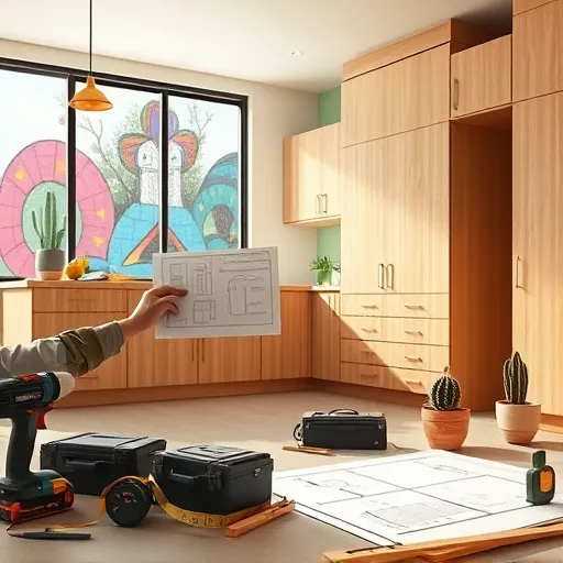 A highly detailed, realistic image of a modern kitchen renovation in East Austin, Texas, highlighting the installation of custom wooden cabinetry. The spacious, sunlit kitchen features sleek, unfinished honey-toned cabinets being carefully fitted by a skilled carpenter, whose hands hold a level and blueprint to showcase craftsmanship. Large windows reveal vibrant Texas street art murals, blending urban creativity with contemporary design. Potted succulents and cacti on the countertops add regional desert flora, emphasizing local vibe. Neatly arranged tools—including electric drills, wooden clamps, and a tape measure—reflect meticulous attention to detail. The scene exudes a calm yet industrious atmosphere, with playful sketches of quirky cabinet handles on the blueprints and a tiny painted cactus atop a toolbox adding regional character. Soft natural light highlights warm wood grains and rich textures, complemented by a color palette of earthy browns, muted grays, and lively southwestern colors from murals and decor. Overall, the image captures the craftsmanship and regional personality of custom kitchen cabinetry installation in the vibrant heart of East Austin.