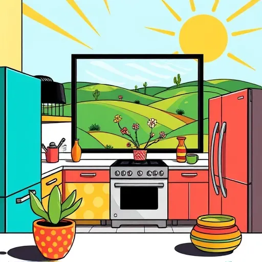 A vibrant PopArt-inspired illustration of a custom kitchen set in Northwest Hills, Texas, featuring bold, exaggerated shapes with black outlines. The kitchen showcases stylized, geometric cabinetry in bright turquoise, coral, and sunny yellow, decorated with whimsical polka dots and stripes. Glossy countertops reflect exaggerated highlights, while quirky, oversized appliances, including a retro stove and a funky refrigerator, add personality. Behind the kitchen, a large window reveals a stylized Texas hillscape with rolling green mounds, abstract cacti, and wildflowers in vivid, contrasting colors. In the foreground, a cheerful cartoonish potted succulent or colorful patterned dishware adds charm. The scene exudes a playful, energetic mood, enhanced by stylized sunburst rays or abstract shapes emphasizing Texas sunshine, with subtle swirling wind patterns and textured tile motifs, creating a dynamic, approachable composition celebrating creative, personalized kitchen design in Northwest Hills, Texas.