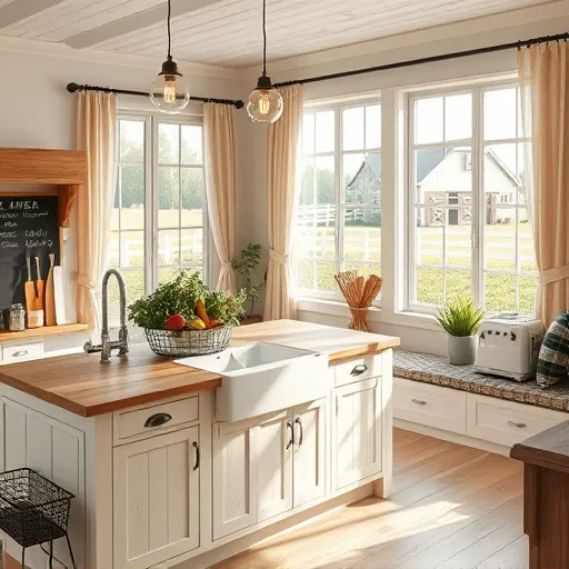 A photorealistic image of a modern farmhouse kitchen featuring warm, inviting tones of muted whites, soft creams, and rustic browns. The spacious, open-plan layout includes a large central island with weathered wood countertop and a farmhouse sink, decorated with a vintage wire basket filled with fresh herbs and colorful vegetables. Classic pendant lights with exposed Edison bulbs hang above, casting a warm glow. The sleek modern appliances are integrated seamlessly into the design. The backsplash showcases subtle farmhouse motifs in patterned tiles, while a chalkboard wall displays playful handwritten menus. Large windows framed with distressed wood reveal a lush farmyard landscape with a white picket fence, blooming flowers, and a distant barn. A cozy corner with a window seat layered with plaid cushions and a potted fern adds to the inviting atmosphere. Soft light filters through gauzy curtains, illuminating vintage glass jars, rustic wooden cutting boards, and a barn-shaped quirky toaster. Overall, the scene captures a charming blend of rustic warmth and contemporary style, perfect for showcasing cozy, stylish farmhouse kitchens.