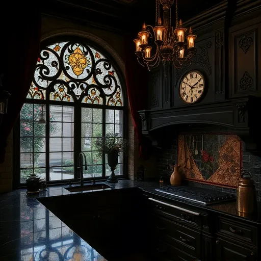 A Gothic-inspired luxury kitchen located within an ancient Texas mansion, featuring dark, ornate wooden cabinetry with intricate carvings and wrought iron accents. Polished black marble countertops with subtle gold veining reflect ambient candlelight from iron chain-hung fixtures, casting flickering shadows. Tall arched stained glass windows depict mythical creatures and floral patterns, allowing a diffused, moody glow to fill the room, complemented by deep crimson velvet drapes framing a moonlit courtyard view. An elaborate Gothic chandelier with antique crystal prisms hangs from the ceiling, providing warm, flickering illumination that highlights textured stone walls decorated with Gothic sconces and vintage botanical engravings. The space includes quirky details such as brass utensils hanging from wrought iron hooks, an antique clock embedded in the backsplash, and a vintage brass kettle with ornate patterns. Visible through the windows is a lush Gothic garden with twisted iron trellises, blooming black roses, and creeping ivy, evoking dark fairy-tale charm. The overall atmosphere is subtly eerie yet luxurious, emphasizing a palette of deep blacks, midnight blues, rich burgundy, metallic golds, and mossy greens, capturing an opulent, mystical Gothic style with ornate details, dramatic contrasts, and an enchanted decay aesthetic.