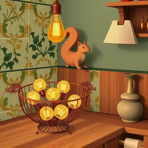 Vibrant, eclectic illustration inspired by the Arts and Crafts Movement depicting a cozy vintage-inspired kitchen corner. The scene features a handcrafted wooden countertop with decorative, ornamental details, topped with an intricate copper wire basket overflowing with whimsical, glowing lightbulbs. Each bulb showcases playful filaments resembling gears, leaves, or abstract patterns, symbolizing electrical costs and energy. Surrounding the area are elaborately patterned tiles with nature motifs like stylized vines and floral designs, highlighting craftsmanship. In the background, a handcrafted wooden shelf displays vintage electrical appliances and aged tools, hinting at remodeling effort and expenses. A textured vintage lamp with a ceramic squirrel ornament adds charm, while a stylized decorative electrical outlet with brass accents blends utility and artistry. The entire composition emphasizes handcrafted details, organic symmetry, and natural motifs, creating a warm, inviting visual that explores the artistry and financial aspects of kitchen remodel electrical costs.