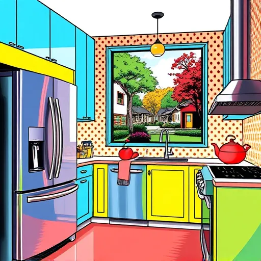 A vibrant PopArt-inspired illustration of an upscale Highland Park, Texas kitchen featuring bold, contrasting colors such as electric blue, vivid coral, bright yellow, and black outlines. The scene includes modern appliances with playful, exaggerated proportions, like a shiny stainless steel refrigerator and a whimsical gas stove with oversized knobs. The cluttered countertop displays stylized, oversized utensils and colorful ingredients, while elegant cabinets with geometric patterns and high-gloss finishes reflect lively hues. A large window reveals a stylized view of well-manicured Highland Park lawns, retro-inspired trees, and charming houses, all rendered with bold outlines and simplified, comic-book shading. Quirky details include a floating faucet with curvy water streams, an oversized fruit bowl overflowing with bright, stylized fruits, and a whimsical teapot emitting swirly steam. The backsplash features playful zigzag and polka dot patterns, enhancing the energetic atmosphere. Subtle mid-century modern accents add an elegant touch, creating a lively, sophisticated yet approachable kitchen scene filled with movement, whimsy, exaggerated shadows, and highlights characteristic of PopArt, perfect for a high-end kitchen remodeling blog in Highland Park, Texas.