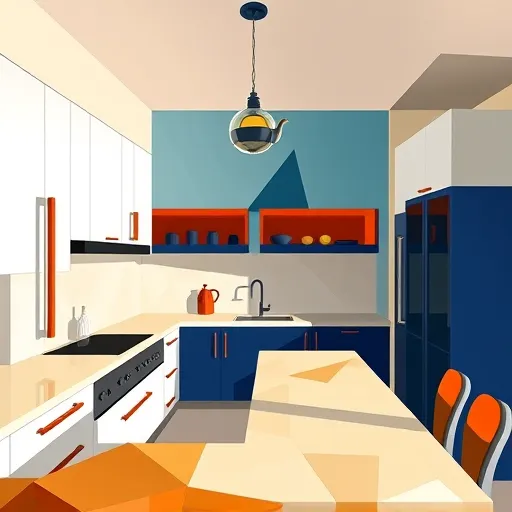 A vibrant cubist-style depiction of a modern kitchen with soaring 10-foot ceilings, featuring geometric shapes that divide the space into sharp angular planes and overlapping facets. The scene includes stylized kitchen cabinets adorned with bold interlocking rectangles and triangles in glossy white, deep navy blue, and warm terracotta accents, creating a sophisticated yet playful color palette. Slim, elongated facets suggest minimalist handles, while fractured light refracts through prism-like structures, casting colorful shadows on angular countertops made of faceted, gemstone-like surfaces in muted golds and silvers. The background reveals abstract geometric forms hinting at an open, spacious environment with fractured walls and ceiling painted in cool cerulean and warm beige tones, emphasizing height and openness. Quirky details include a spun-inverted teapot-shaped pendant light with zigzagging steam patterns rising from it, blending seamlessly into the cubist aesthetic. The composition exudes a lively, balanced ambiance that combines elegance with whimsical creativity, celebrating architectural grandeur and artistic abstraction in a vibrant, fractured perspective.