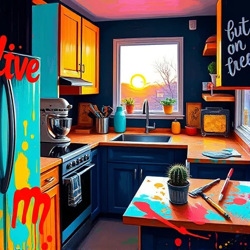 A vibrant neo-expressionist depiction of a modern Windsor Park, Texas kitchen, emphasizing cabinet refacing. The scene features lively, swirling brushstrokes with shimmering, semi-abstract cabinet doors in bright turquoise, warm coral, and sunny yellow, contrasted against a dark background of deep indigos and fiery reds. Countertops are depicted as colorful blobs dotted with quirky details including a vintage curved blender, a tiny cactus in a whimsical pot, and scattered paintbrushes and tools in dynamic motion, symbolizing craftsmanship. Light bursts from an unseen source, casting bold shadows and enhancing the textured, energetic style. Abstract windows reveal a Texas sunset with orange and purple streaks, adding warmth and community spirit. Playful touches like floating paint cans with exaggerated drips and a stylized sun evoke a sense of fun and optimism, celebrating home renovation with bold colors, expressive brushwork, and a lively artistic portrayal of creativity and transformation in Windsor Park.