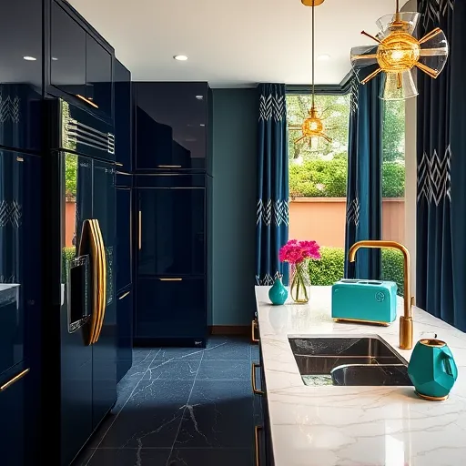 A modern, upscale kitchen set in the Allandale neighborhood, featuring artistic Art Deco design elements. The space showcases glossy navy blue cabinetry with brass accents, geometric patterns, and symmetrical layouts that emphasize elegance and order. Quirky details include a retro radio-shaped refrigerator, gold sunburst pendant lights, and vintage-inspired ceramic vases paired with a teal toaster, adding playful, retro charm. The polished marble countertops with zigzag veining complement the decor, while tall narrow windows draped with zigzag-patterned velvet curtains open to a lush backyard filled with greenery and Texas wildflowers. The color palette combines deep navy, gold, soft cream, and emerald green, creating a refined yet lively atmosphere. The overall aesthetic blends vintage glamour with modern comfort, characterized by bold lines, ornamental details, and a balanced mix of sophistication and personality, embodying high-end design with a playful twist.