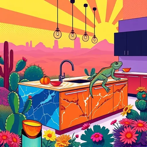 A vibrant PopArt-inspired illustration of a modern kitchen island set in the scenic Northwest Hills of Texas. The scene features bold, exaggerated lines and vivid contrasting colors, including electric blues, fiery oranges, and lush greens, emphasizing contemporary design energy. The sleek kitchen island serves as a playful focal point, with exaggerated faucets sporting oversized handles and a bright marble countertop with swirling vivid hues. Surrounding the island are stylized, whimsical cacti with playful curves, colorful desert wildflowers, and abstract sunbeams that evoke a warm Texas atmosphere. The background depicts a simplified, geometric skyline of Northwest Hills layered with bold dotted textures reminiscent of classic PopArt. Hidden playful details include a cartoon-style lizard on the countertop and a large, vibrant cocktail glass nearby, adding quirky personality. The overall composition combines modern elegance with cartoonish exaggeration, creating an energetic, inviting scene that celebrates innovative, lively home design with Texas charm.
