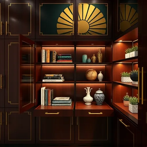 A luxurious Art Deco-inspired interior featuring elegant pull-out shelves crafted from glossy dark wood with ornate brass handles. The shelves, partially extended, display neatly organized stacks of colorful books, vintage glassware, and decorative jars illuminated by warm lighting, highlighting their textures and vibrant hues. The background showcases angular architectural details such as stylized floral motifs, tiered moldings, and radiant sunburst patterns in gold leaf accents set against deep emerald and inky black backgrounds. Small decorative elements like ceramic figurines, potted succulents in terrazzo planters, and miniature sculptures add playful charm. The scene exudes refined sophistication with strong geometric lines, shimmering surfaces, and symmetrical design, capturing the timeless elegance and vintage allure of an Art Deco style that blends functionality with aesthetic beauty.