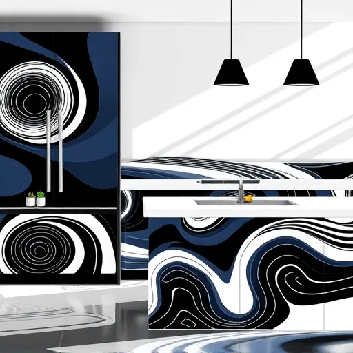 A modern Highland Park, Texas kitchen featuring OpArt-inspired cabinet designs with bold geometric patterns in black, white, and deep blue. The cabinets display concentric and wave-like illusions that create a sense of depth, movement, and vibrancy. Playful details, such as miniature paintbrushes, tiny screwdrivers, and vibrant fabric swatches, are intertwined within the patterns, highlighting craftsmanship and renovation artistry. In the background, a sleek, stylized countertop and minimalist appliances blend seamlessly into the optical illusion theme, emphasizing space and sophistication. Bright, airy lighting with soft reflections enhances the dynamic, lively atmosphere, illustrating innovative kitchen cabinet refacing with artistic flair and upscale elegance.