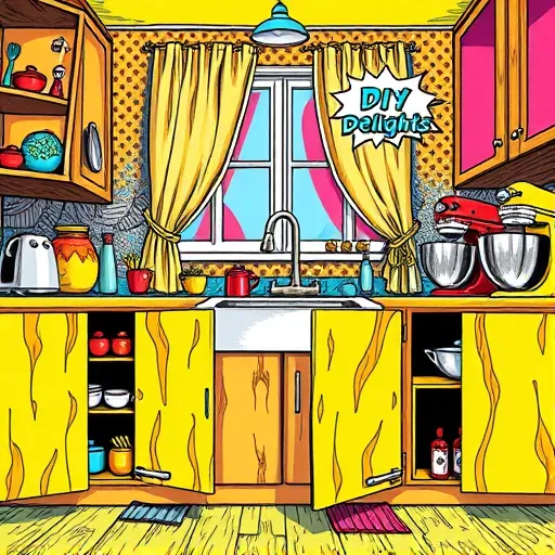 A vibrant Pop Art-style illustration of an eclectic kitchen scene featuring prominently unfinished wooden cabinets with rough, unpolished surfaces depicted in bold, stylized strokes of bright yellows, blues, and reds. Open cabinet doors reveal whimsical shelves filled with quirky kitchen utensils, colorful ceramic pots, and cartoonish jars spilling pasta and spices, adding playful personality. In the background, exaggerated appliances include a gleaming retro toaster, shiny metallic mixers, and a bold, patterned backsplash with comic-style designs. A stylized window with vibrant, abstract curtains casts exaggerated rays of sunlight that highlight the raw wooden grains with a whimsical glow. Tiny details like a mischievous cat peeking from behind a cabinet and a graffiti-inspired sign reading "DIY Delights" enhance the quirky, cheerful atmosphere. The scene showcases the charm of an in-progress kitchen renovation with saturated, complementary hues like lime green, hot pink, and electric blue, all rendered in a bold Pop Art style with strong outlines, flat color blocks, and stylized details.