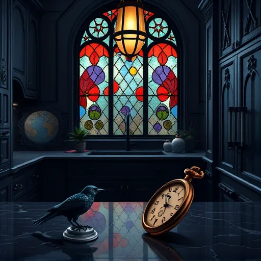 A detailed gothic-inspired illustration of a modern kitchen featuring ornate Victorian-style cabinets in deep indigo and charcoal black, adorned with intricate carvings, pointed arches, and decorative moldings. The sleek cabinetry incorporates contemporary elements like minimalist wrought iron or filigree handles, highlighted by subtle shimmering lighting that creates a mysterious, sophisticated ambiance. In the foreground, a vintage pocket watch with gothic engravings rests on a polished marble countertop, symbolizing timeless elegance. Small gothic details include crow sculptures atop cabinets and a bat-shaped pendant light casting elongated shadows. The background showcases tall, stained-glass windows with abstract patterns in rich reds, purples, and emerald greens, diffusing colorful light and enhancing the enigmatic atmosphere. The scene combines gothic architectural elements with modern minimalism, creating a luxurious, edgy kitchen design trend. Richly textured shading reminiscent of oil paintings and intricate line work highlight ornate details, with a palette emphasizing dark jewel tones, metallic accents, and subtle highlights, evoking a mysterious, stylish environment perfect for showcasing contemporary gothic kitchen cabinet trends.
