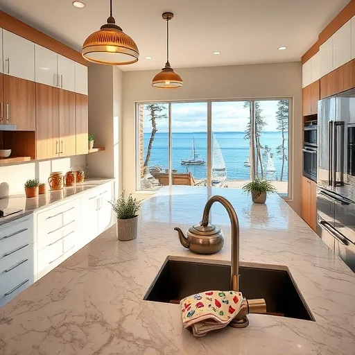 Hyperrealistic depiction of a modern kitchen remodel in Lakeway, Texas, featuring sleek white and natural wood cabinetry with detailed grain patterns and reflective surfaces. A spacious kitchen island with swirling marble countertops in deep gray and soft beige, illuminated by warm amber pendant lights. Stainless steel appliances reflect the bright outdoor scene visible through large windows showing Lake Travis with sailboats and lush pines. Open shelves display potted herbs and colorful ceramic jars with whimsical patterns, adding character. Background showcases the serene lakeside landscape, creating an airy, inviting atmosphere. Decorative touches include a vintage teakettle with a quirky spout and a cheerful dish towel with playful patterns over the sink. Warm, natural lighting emphasizes textures and craftsmanship, blending modern design with Lakeway’s natural charm.