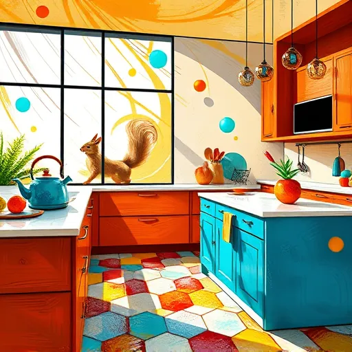 A vibrant, expressionist-style depiction of a modern kitchen undergoing a creative remodel. The scene features sleek countertops with bold, unexpected colors, such as a bright turquoise blue island and fiery orange cabinets, rendered with energetic lines and exaggerated perspectives. Large window-like shapes filled with swirling sunlight cast dynamic light on whimsical appliances, including an oversized kettle emitting exaggerated steam curls and vibrant, dancing utensils. Playful, swirling patterns decorate the abstracted floor tiles, while quirky details like a mischievous squirrel peering through the window and floating, colorful kitchen tools add personality. The color palette includes warm, contrasting hues like burnt sienna, bright turquoise, fiery reds, and sunny yellows, creating an energetic and inspiring atmosphere that combines modern design with artistic expression, celebrating creativity and innovation in kitchen remodeling.