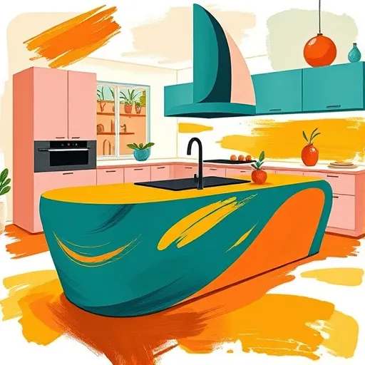 A vibrant Tachisme-style abstract artwork illustrating a custom modern kitchen design. The scene features a sleek kitchen island with smooth, curved surfaces in deep teal, terracotta, and mustard yellow, creating a dynamic sense of movement. Surrounding cabinetry with flowing, organic contours are painted in pastel pinks and muted greens. Quirky details include floating geometric utensils, abstract potted herbs with exaggerated leaves, and whimsical light fixtures resembling oversized molten blobs. The background suggests a cozy kitchen environment rendered with loose, textured brushstrokes that blend space and abstraction. The overall composition exudes creativity, imagination, and whimsy, emphasizing artistic interpretation of bespoke kitchen design with a lively color palette of rich browns, lively blues, warm yellows, and soft pastels.