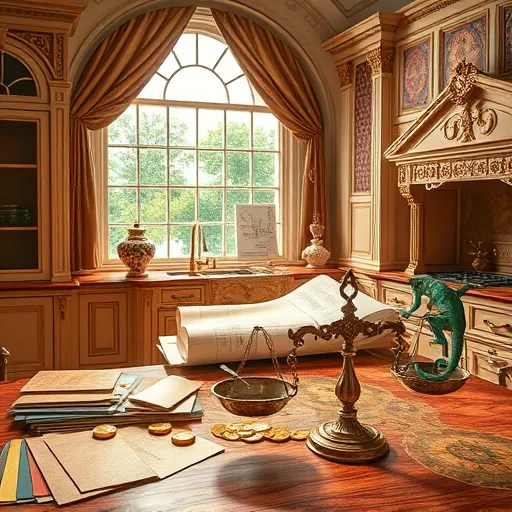 A high Renaissance-style, richly detailed interior of an opulent kitchen illustrating factors influencing renovation costs. The scene features ornate cabinetry with gilded accents, classical arches, and columns, all rendered with realistic textures. In the foreground, a grand table displays marble and granite samples, cabinetry swatches, antique measuring tools, and an open blueprint, symbolizing planning and budgeting. Playful elements include a balance scale with tiny gold coins and colorful tiles, representing costs and choices. A curious chameleon perched nearby adds a lively, adaptable touch. The background shows a grand window with flowing drapes, allowing soft warm light to illuminate the scene, highlighting architectural drawings and lush greenery outside. The color palette includes warm golds, deep reds, creamy beiges, with subtle greens and blues, creating an atmosphere of regal elegance and thoughtful consideration. The overall composition conveys themes of material quality, labor, design complexity, and unexpected challenges, combining hyper-realistic textures and refined details to evoke a sense of timeless wisdom in kitchen renovation costs.