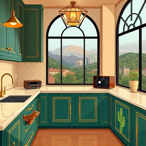 A vintage-inspired Art Deco-style illustration of custom kitchen cabinets in Austin, Texas, featuring geometric patterns, bold lines, and decorative inlays accented with gold. The stylish kitchen includes a polished marble countertop, brass fixtures, and angular pendant lighting hanging from the ceiling. Large arched windows reveal a glimpse of Austin's skyline and rolling hills. Quirky details include a mischievous squirrel peeking from a cabinet handle, a vintage record player on the counter, and a stylized cactus pattern etched into the cabinet doors. A playful Texas-shaped clock sits atop the cabinets. The warm color palette of deep emerald greens, golds, rich browns, and burnt orange creates a cozy yet upscale atmosphere. The composition emphasizes symmetry and ornate craftsmanship, blending sophistication with playful Texan charm.