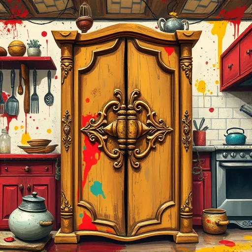 A vibrant ArtBrut-style depiction of an ornate vintage kitchen cabinet featuring an exaggerated, intricately detailed hinge as the central focus. The artwork showcases bold, primitive brushstrokes and raw textures that highlight the tactile qualities of metal and wood. Whimsical and cartoonish, the hinge sculptures seem to animate the furniture, surrounded by quirky elements such as oversized utensils, twisting vines, and abstract geometric shapes that add lively personality. The background portrays a simplified, slightly chaotic kitchen scene with splattered paint, jagged lines, and contrasting colors, creating an energetic and playful atmosphere. The color palette includes deep reds, vibrant yellows, and crisp blues, evoking warmth and joy, while the metallic gold and silver accents on the hinges provide a shimmering, spotlighted effect. Overall, the image balances craftsmanship and childlike wonder, transforming mundane kitchen hinges into a joyful and eccentric visual narrative ideal for engaging blog content.