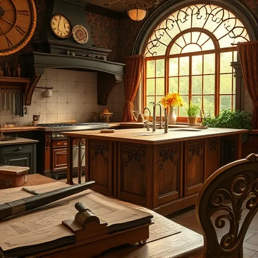 A detailed blog cover illustration depicting the world of kitchen remodel contractors set in a lush, Victorian-style workshop. The scene features ornate woodworking tools such as chisels, hammers, and hand saws arranged on rustic wooden tables, illuminated by warm golden light streaming through stained-glass windows. A softly glowing forge in the background suggests skilled artisans forging custom fixtures. In the foreground, an elaborate, partially completed kitchen island showcases swirling motifs and delicate carvings inspired by Pre-Raphaelite art, combining functionality with artistic elegance. Nearby, detailed sketches and blueprints with flowing curves highlight meticulous planning. The environment exudes professionalism and creative charm, accented by whimsical details like a vine-motif swivel chair, tiny clockwork gears, and a decorative plant with key-shaped leaves. Luxurious draperies and lush greenery outside arched windows enhance the inspiring atmosphere. The richly decorated space features patterned wallpaper and ornate moldings in warm earth tones—deep reds, rich greens, burnt oranges, with touches of gold and soft cream—evoking craftsmanship, artistry, and timeless elegance. The overall composition celebrates skilled craftsmanship with a playful, artistic touch, perfect for engaging homeowners and design enthusiasts interested in custom kitchen renovations.