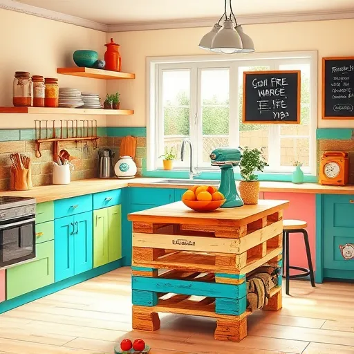 A vibrant digital illustration of a cozy, modern kitchen showcasing budget-friendly renovation ideas. The scene features rustic wood countertops paired with mismatched colorful cabinets in cheerful pastel tones. Open shelves display vintage jars, quirky ceramics, and potted herbs, emphasizing creativity and resourcefulness. Central to the image is a small island made from a repurposed shipping pallet topped with reclaimed wood, featuring a retro-style colorful blender and a bowl of fresh fruit. Bright, playful tile backsplash adds a DIY touch, while a sunny window offers a view of a lush backyard with plants and garden tools, reinforcing sustainability. whimsical accents include a floating chalkboard with handwritten budget tips and a hanging light fixture crafted from old teacups or glass bottles. The overall bright and colorful digital art style uses a lively palette of turquoise, warm yellows, soft pinks, and earthy browns, creating an inviting and inspiring atmosphere that celebrates clever, cost-effective kitchen updates.