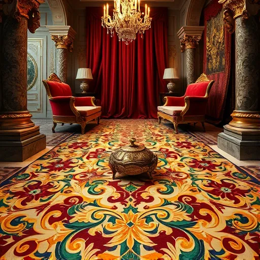 A luxurious Baroque-inspired scene featuring an ornate ceramic tile kitchen floor with intricate swirling patterns in gold, deep crimson, royal blue, and emerald green hues. The tiles reflect warm lighting, highlighting their elaborate motifs. Surrounding the floor are carved marble columns with gilded accents and decorative moldings, framing a grand, historic kitchen setting. In the background, rich velvet curtains billow softly, contrasting with the polished tiles, while glimpses of plush armchairs and a shimmering crystal chandelier suggest opulent interior design. A vintage brass butter dish sits quaintly on the patterned tiles, adding whimsical charm. The scene exudes refined elegance and craftsmanship, blending regal textures, luxurious colors, and decorative details to evoke a sense of grandeur and timeless beauty.