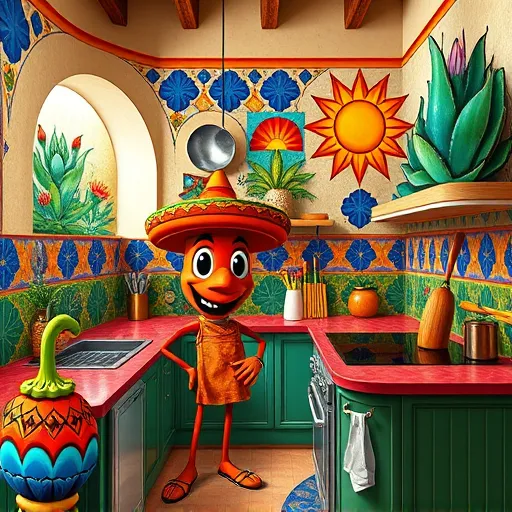 A vibrant blog cover illustration in Mexican Muralism style celebrating small kitchen remodel specialists in Clarksville, Texas. The scene features a colorful, lively kitchen with walls decorated in bold geometric patterns resembling traditional Mexican tile work in vivid blues, reds, yellows, and greens. The countertops display oversized, stylized utensils—spoons, spatulas, and rolling pins—with exaggerated curves and ornate carvings, adding a playful touch. A cheerful, anthropomorphic toolbox wearing a bright sombrero symbolizes craftsmanship, while a mischievous chili pepper appears to season the air nearby. The background showcases murals of flourishing agave plants, folk motifs, and abstract sun symbols radiating warmth and artisanal artistry, all framed by decorative arches and patterned tiles reminiscent of Mexican decor. Textures include rough stucco walls and glossy painted cabinetry, emphasizing craftsmanship. Playful details like a smiling oven mitt and colorful paintbrushes intertwine with the scene, creating a dynamic, layered composition that highlights renovation, creativity, and cultural richness in an energetic and inspiring Mexican Muralism style.