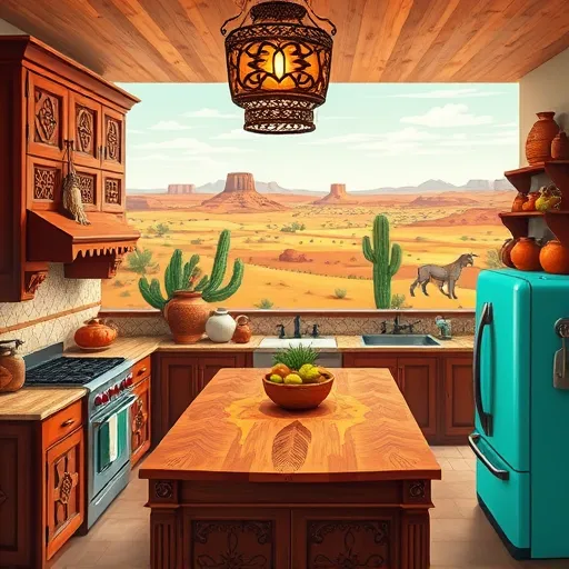A vibrant, beautifully remodeled farmhouse kitchen in Clarksville, Texas, featuring intricate Native American-inspired motifs. Ornate wooden cabinets are decorated with geometric Native beadwork patterns, paired with handcrafted pottery showcasing swirling traditional designs. The rustic butcher block countertop with carved details serves as the focal point, surrounded by vintage appliances painted in earthy terracotta, deep ochre, and turquoise tones. Overhead hanging lanterns resembling woven baskets cast a warm, inviting glow. Decorative elements include stylized cacti, prairie flowers, and natural Texan flora integrated with Native art aesthetics. The background landscape displays rolling plains and mesas with bold, swirling brushstrokes, connecting the scene to the land. The overall mood is calm and welcoming, emphasizing craftsmanship, tradition, and playful whimsy through animal motifs like eagle feathers on curtains and stylized bobcats carved into shelves. The color palette combines warm terracotta reds, muted browns, soft turquoise, and sunlit golds, reflecting earth tones and indigenous artistry. This fusion of Native American motifs with contemporary farmhouse design captures cultural pride, authenticity, and creative spirit in a charming Texas kitchen remodel.