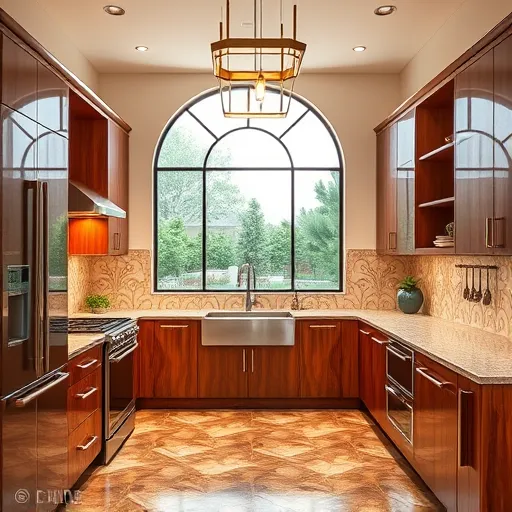 A modern culinary space inspired by a contemporary kitchen remodel in Cherrywood, Texas, rendered in an elegant Art Deco style. The kitchen features streamlined, geometric cherrywood cabinetry accented with shiny metallic details that convey luxury. Sleek, symmetrical appliances with chrome finishes reflect ambient light, enhancing harmony. The countertops are terrazzo with bold, angular patterns in muted golds, deep browns, and creamy beiges, adding playful glamour. An art deco-inspired backsplash displays intricate fan or sunburst motifs, emphasizing symmetry and quirky personality. Vintage-inspired kitchen utensils, such as elongated spatulas and dangling whisks, hang from a metallic rack with streamlined arches. A distinctive geometric pendant light with tiers of glass and brushed brass provides warm illumination, creating a welcoming atmosphere. Large arched windows with frosted glass panels flood the space with soft natural light, revealing textured wood grain and metallic accents, and framing a stylized Texas backyard garden with angular foliage. Subtle Art Deco motifs like zigzags, chevrons, and sunburst patterns decorate the moldings and floor tiles, reinforcing the era's elegant aesthetic. The color palette combines warm cherrywood, brushed gold, muted brass, and soft neutrals, accented by rich teal and deep emerald green for depth. The overall design exudes calm sophistication with whimsical charm, blending Cherrywood’s unique character with timeless Art Deco elegance.