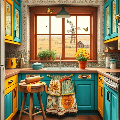 A vibrant FolkArt-inspired illustration celebrating top kitchen remodelers in Rosedale, Texas. The scene features a rustic kitchen with handcrafted wooden cabinets painted in cheerful teal, warm terracotta, and sunny yellow, decorated with whimsical floral and geometric folk motifs. Colorful ceramic tiled countertops display intricate folk-inspired patterns, complemented by a vintage rolling pin, a patchwork apron draped over a rustic stool, and a lively potted herb garden. A cozy window reveals views of the Texas plains, including a windmill and distant barn, highlighting rural charm. Butterflies flutter around wildflowers along the windowsill, adding lively energy. The warm and welcoming atmosphere emphasizes craftsmanship and artistry, with earthy ochres, lively blues, and soft reds creating a handcrafted, inviting look that captures the spirit of skilled kitchen remodelers blending creative flair with Texan warmth.
