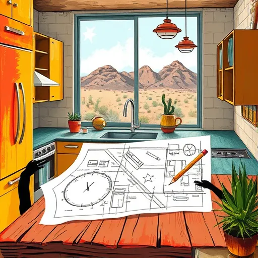 An expressive ArtBrut-style illustration depicting a vibrant kitchen remodeling consultation in Northwest Hills, Texas. The scene shows a partially renovated kitchen with jagged, bold brushstrokes featuring angular cabinets in warm terracotta and sunny yellow tones, complemented by textured countertops in deep blue and green. Vintage-inspired appliances with exaggerated proportions add whimsical charm. A large window floods the space with bright Texas sunlight, casting dynamic shadows and revealing rugged hills and desert flora like cacti and succulents outside. On a rustic wooden table, an artisan-style blueprint with thick black outlines and chaotic lines displays plans blending modern and rustic design elements. Simplified human silhouettes, some holding oversized pencils or paintbrushes, gesture toward different areas, adding humor. Details include a vintage clock, star-shaped hanging lights, and a potted plant with curly leaves, enhancing the playful, energetic atmosphere. The composition emphasizes creative chaos, passionate craftsmanship, and spirited design exploration in a raw, textured style characteristic of ArtBrut.