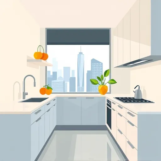 A vibrant geometric abstraction-style illustration of a modern galley kitchen featuring bold, interconnected shapes forming sleek cabinets, countertops, and appliances. The design emphasizes symmetry and sharp angles, with stylized floating shelves and minimalist utensils seamlessly integrated into the space. The color palette includes muted pastels such as soft blues, gentle grays, and warm beiges, creating a calm yet engaging atmosphere. Playful oversized geometric fruits and vegetables are subtly embedded within the design elements, while a whimsical, stylized plant with exaggerated angular leaves grows from a geometric planter. The background displays an abstract cityscape seen through simplified diamond-shaped windows, suggesting an urban setting. Lighting effects include exaggerated prism-like reflections and subtle shadows, adding depth and dynamism. The overall composition conveys a sense of order, clever design, and quirky charm, making it an inspiring visual of modern, innovative kitchen ideas presented through a fun, artistic lens.