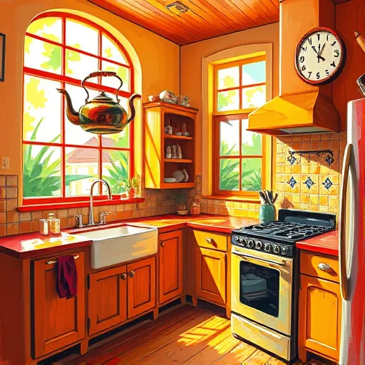 A colorful, expressive depiction of a traditional kitchen remodel in Rollingwood, Texas, rendered in bold, swirling brushstrokes characteristic of Expressionism. The scene features vintage wooden cabinets, a rustic farmhouse sink, and a classic stove, with exaggerated lines and dynamic perspectives conveying energy and transformation. Warm, vibrant colors like deep reds, sunny yellows, and earthy browns create a cozy yet lively atmosphere. Large abstract windows let sunlight flood the space, casting playful reflections across walls decorated with whimsical, slightly askew tiles. Quirky details include a floating teapot with a smiling spout, a broken clock with distorted numbers, and swirling paint as if the renovation is an artistic dance. Minimal abstract shapes suggest ongoing craftsmanship, such as a faint silhouette holding a paintbrush or rolling pin. The overall mood is lively, optimistic, and quirky, capturing the creative chaos of home renovation while emphasizing warmth, character, and neighborhood charm in an expressive art style perfect for a blog about local home transformations.