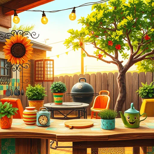 A colorful, whimsical outdoor summer kitchen scene rendered in expressive ArtBrut style, featuring a rustic wooden countertop with vibrant mosaic tiles, string lights overhead, and vintage metal utensils hanging from a decorative rack. A large charcoal grill is surrounded by potted herbs with lush green and fiery red accents. An oversized carved wooden cutting board adds charm. Sun-dappled trees with exaggerated leaves sway in the background under a warm, glowing sky, casting playful shadows. Brightly patterned mismatched garden chairs complement the cheerful environment. Decorative details include a sunflower-shaped clock, a smiling face-painted watering can, and a jar of rainbow-colored candies on the counter, creating a lively, relaxed summer atmosphere full of energy and personality.