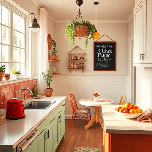A hyperrealistic depiction of a cozy, inviting kitchen scene in Windsor Park, Texas, showcasing an affordable yet stylish renovation. Bright natural sunlight streams through large windows, illuminating gleaming countertops and colorful subway tile backsplash. Vintage-inspired appliances, including a red toaster and retro kettle, blend modern functionality with nostalgic charm. Rustic wooden cabinets are painted in soft pastel mint and coral shades, adding a personalized touch. Small decorative details like potted succulents, a vintage coffee tin, and a fruit bowl overflowing with oranges and strawberries enhance the welcoming atmosphere. In the background, an open-concept space features a breakfast nook with mismatched cheerful chairs and patterned cushions. Botanical greenery in woven baskets hangs from the ceiling, contributing to a calm, natural ambiance. A hanging chalkboard with whimsical handwriting reads “Windsor Park Kitchen Magic,” adding a playful, personalized element. The overall mood is cheerful and optimistic, emphasizing achievable home upgrades with budget-friendly methods. The color palette includes soft pastels, warm earth tones, and lively accents like coral and sunny yellow, creating a warm, friendly environment that celebrates practicality and personality in a well-loved Texan kitchen.