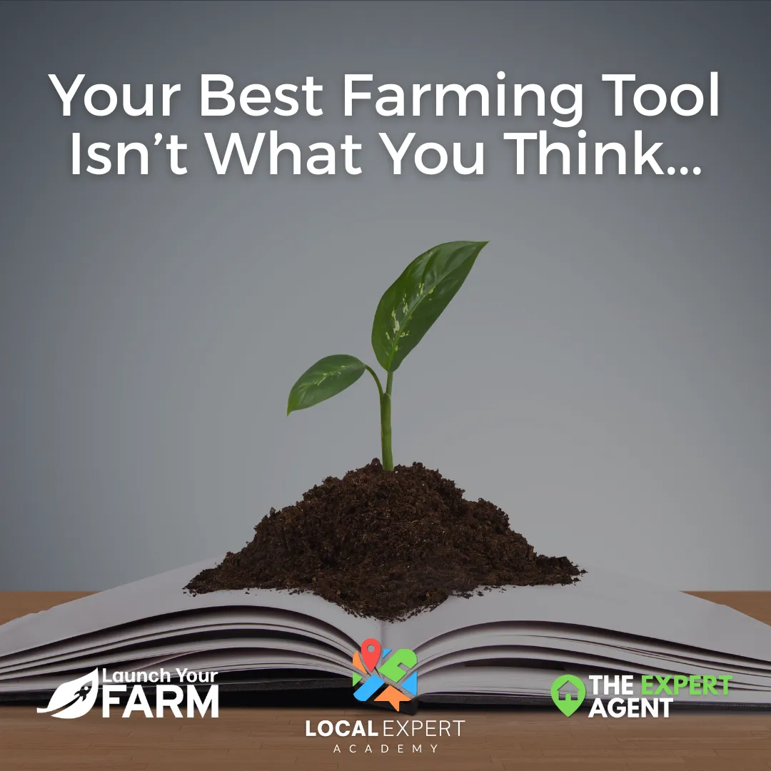 Text overlay reads “Your Best Farming Tool Isn’t What You Think.” The image shows a calm, focused atmosphere suggesting learning, curiosity, and real estate growth — reflecting the message about applying knowledge through action.