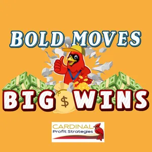 Bold moves, big wins, cardinal coach cartoon image in a pile of dollars and coins