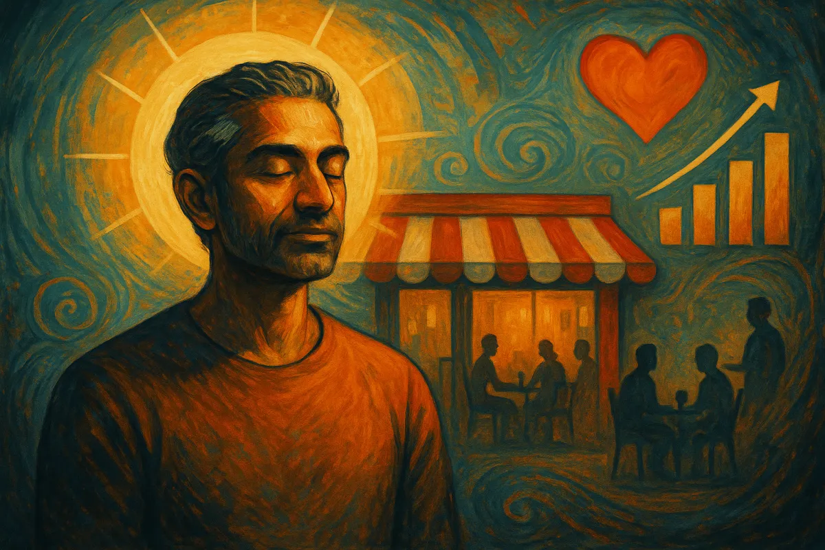 Semi-abstract digital painting of a restaurant owner sitting in warm golden light, half his face calm and reflective. Behind him swirls of red, blue, and orange blend into abstract shapes of restaurant tables, patrons, and rising graphs, symbolizing the balance between personal growth and business success. The artwork conveys self-awareness, resilience, and the inner journey of a conscious entrepreneur.