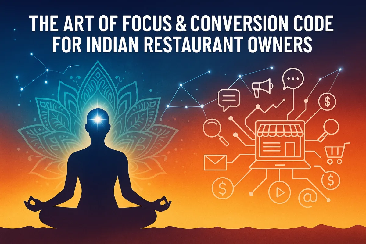 A horizontal digital illustration showing a meditating figure glowing with light, symbolizing focus and clarity, surrounded by a cosmic background. On the left, words like SEO, online orders, proper website, email & SMS marketing, social media ads, and influencers represent focus. On the right, terms like organic social media, storytelling, AI automation, storylines, and tracking represent conversion. The image combines spiritual calmness with scientific marketing elements, designed for Indian restaurant owners.