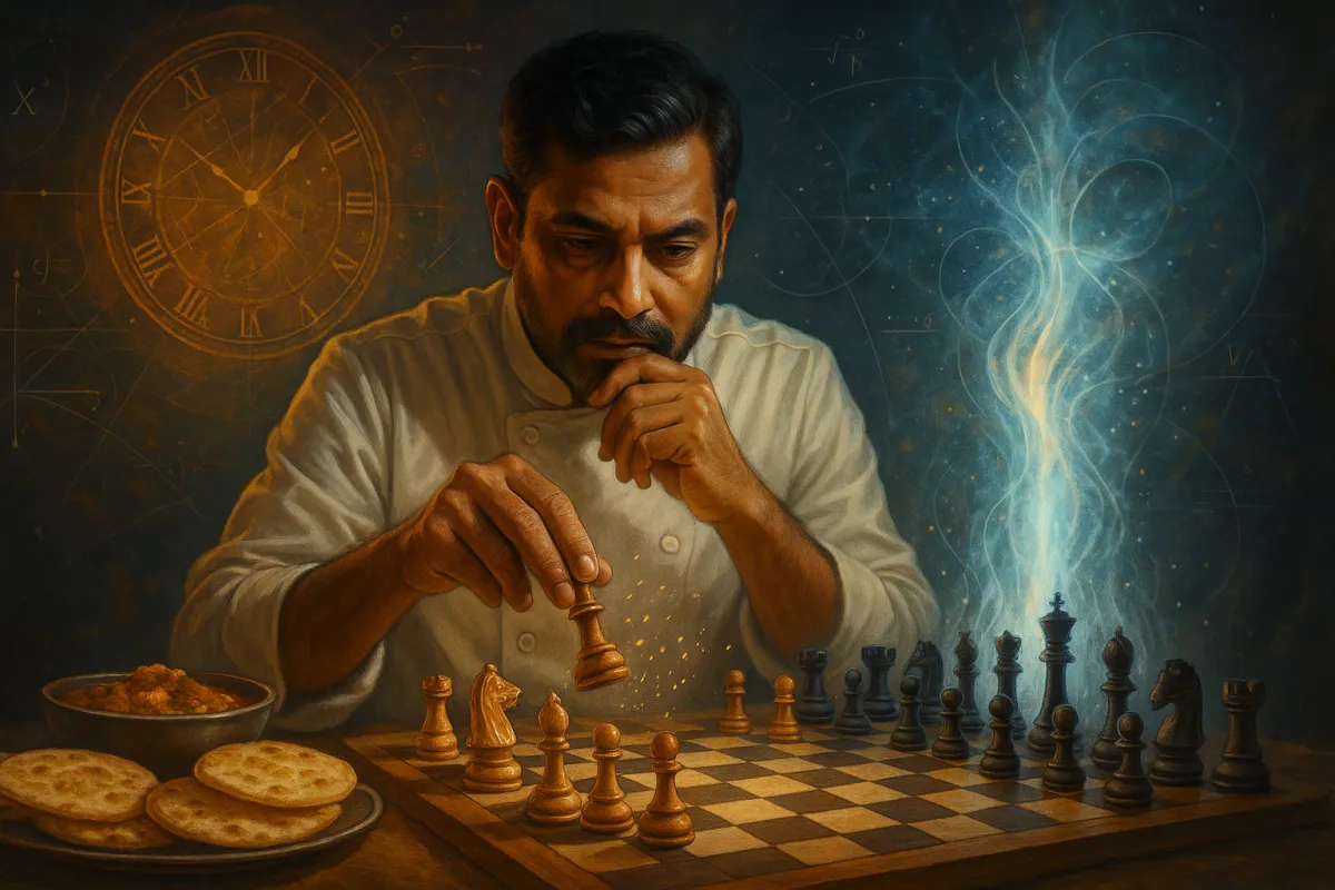 **Meta Title:** *The Art of Strategy: How Indian Restaurant Owners Master Business Like a Game of Chess*  **Alt Text:** A surreal digital painting of an Indian restaurant owner seated at a chessboard that transforms into a restaurant table, each chess piece symbolizing customers, chefs, marketing, and growth. Warm golden light mixes with spices, steam, and scientific symbols, representing the balance of art, logic, and strategy in running a successful Indian restaurant.